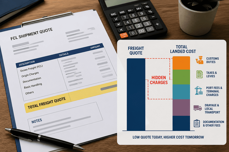 Total Landed Cost vs. Freight Quote An invoice with hidden fees highlighted