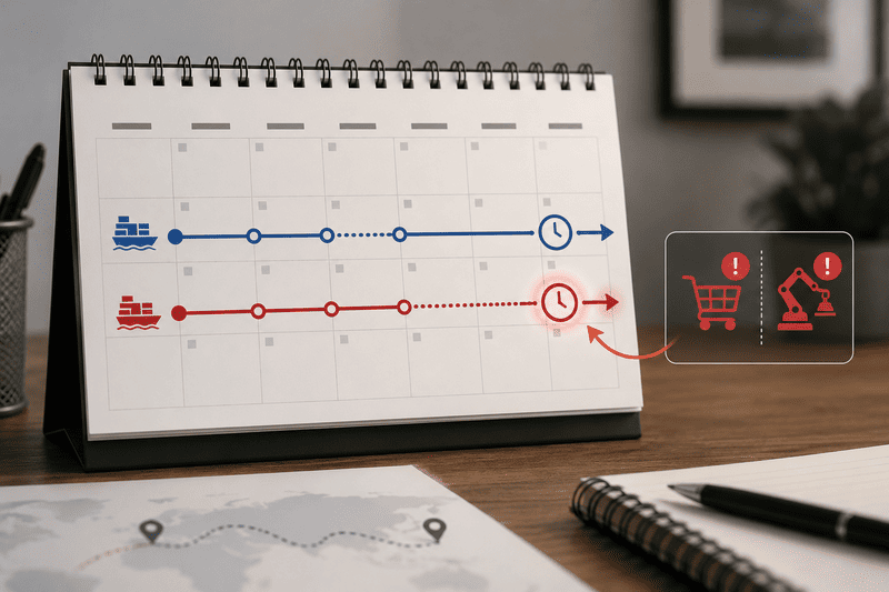 Shipping Line Reliability and Transit Times A calendar showing a delayed shipping schedule