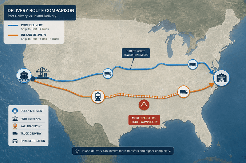 Shipping to Inland US Hubs A map showing shipping routes from China to Los Angeles and Chicago