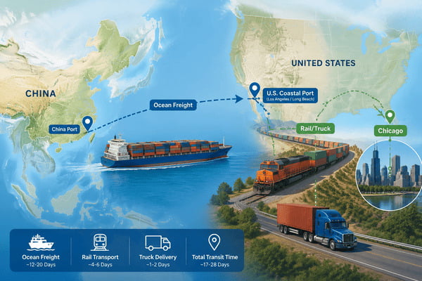 ship a container from China to Port of Chicago intermodal route