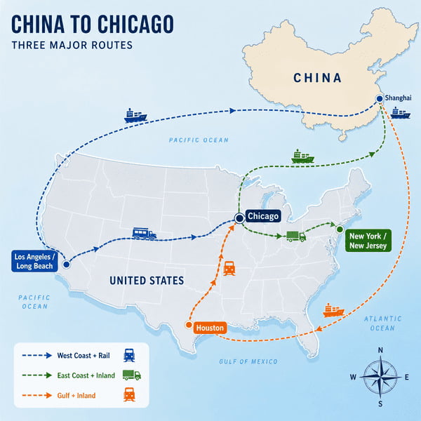 best route to ship a container from China to Port of Chicago