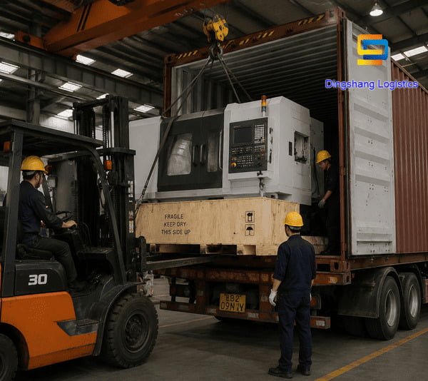 shipping CNC machines from China to USA by container with heavy machinery loading