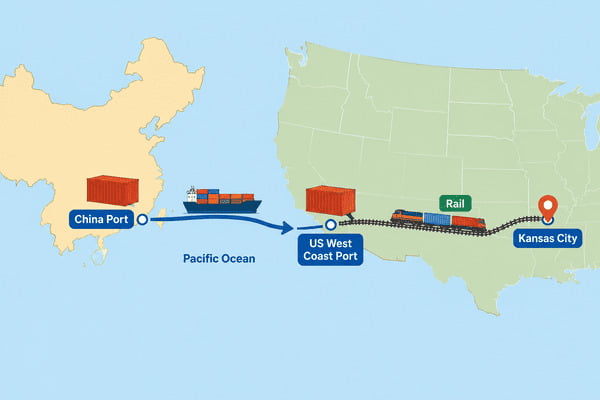 ship a container from China to Port of Kansas intermodal route