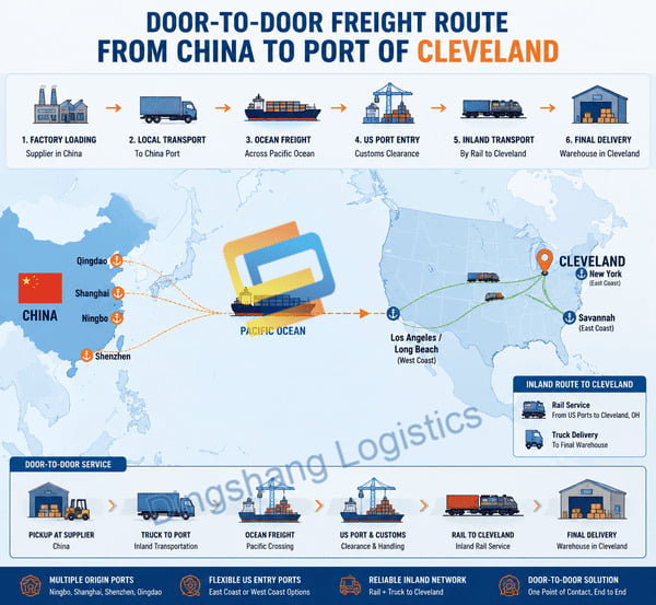 ship a container from China to Port of Cleveland door to door freight route