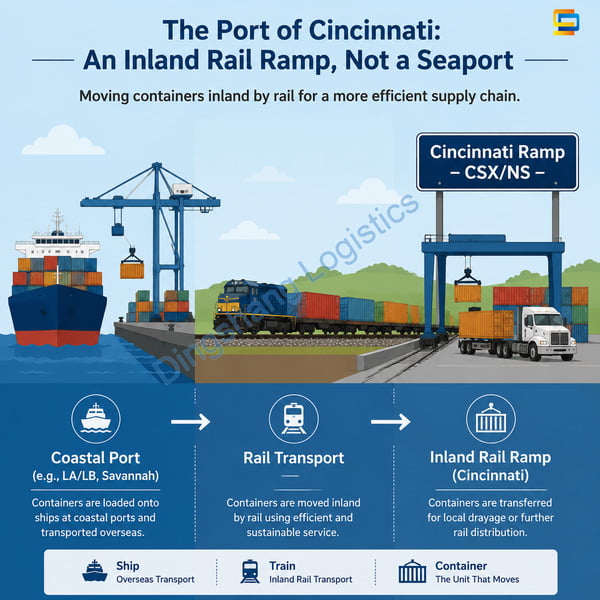Port of Cincinnati inland rail ramp concept for China-to-Cincinnati container shipping