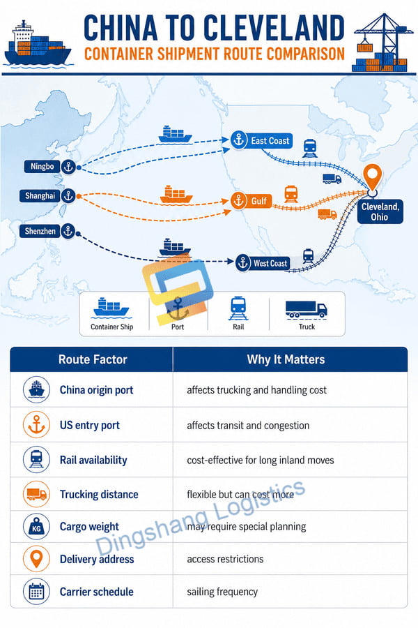 ship a container from China to Port of Cleveland route comparison
