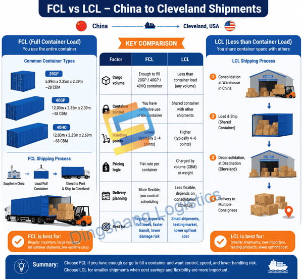 FCL and LCL shipping from China to Cleveland container comparison