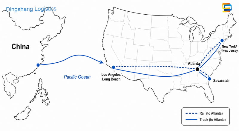 Map for how to ship a container from China to Port of Atlanta via US entry port and inland rail