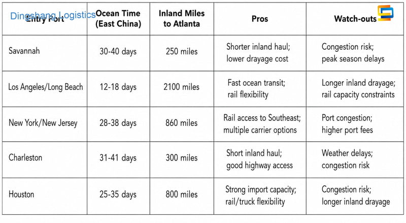 Port choice to ship a container from China to Port of Atlanta comparison