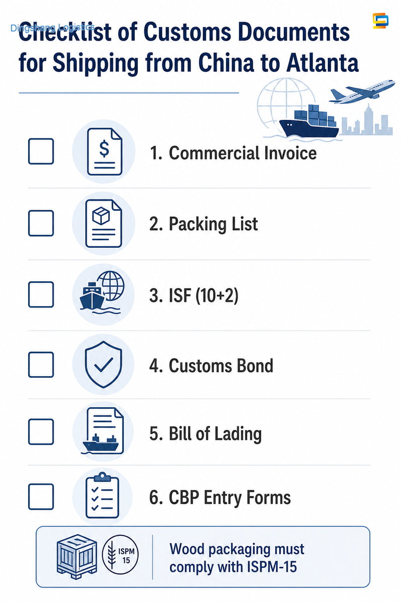 Customs documents needed to ship a container from China to Port of Atlanta