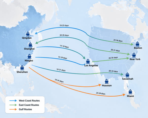 China and USA ports sea freight transit time