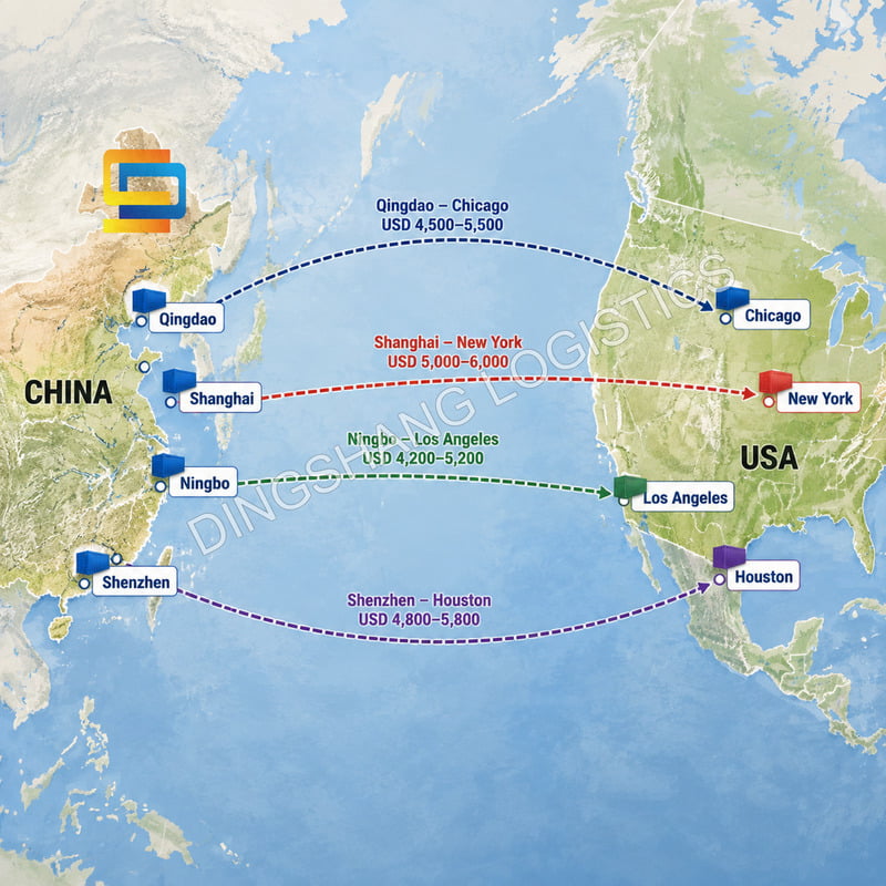 20GP container cost from China to USA by route and destination
