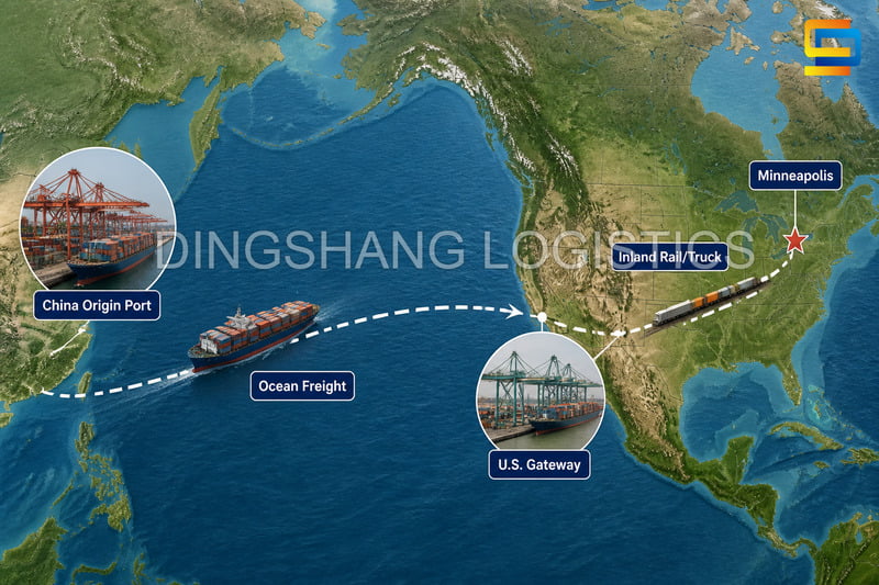 China to Minneapolis container shipping route by ocean and inland transportation