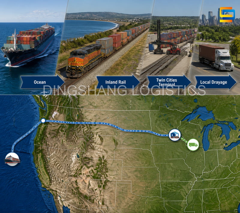 Ocean and inland rail intermodal route from China to the Minneapolis–St. Paul area